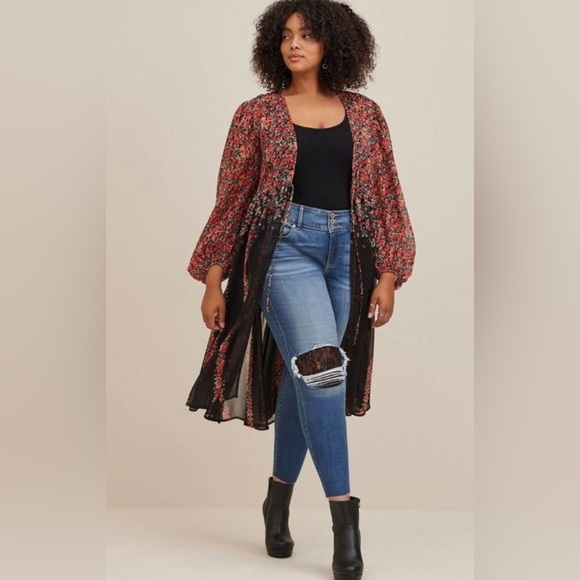torrid Other - Torrid Lurex Chiffon Tie Front Maxi Kimono Long Duster Floral Long Sleeve 4X